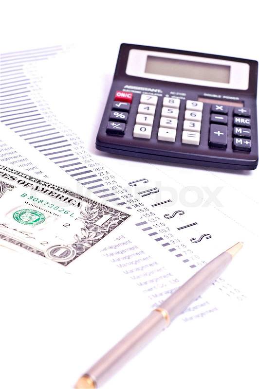 Crisis graph with calctulator, money and silver pen isolated on white, stock photo
