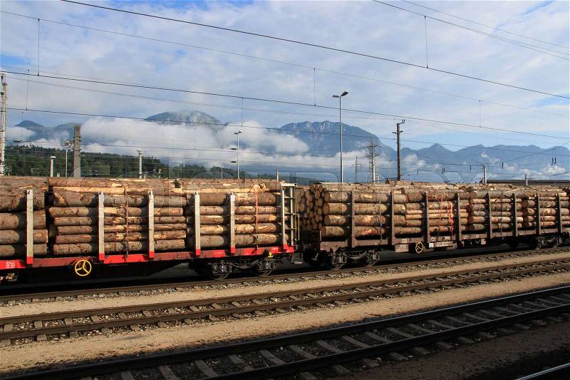 Trunks of trees wait on the train station in Wörgl in Austria for transport in the summer, stock photo