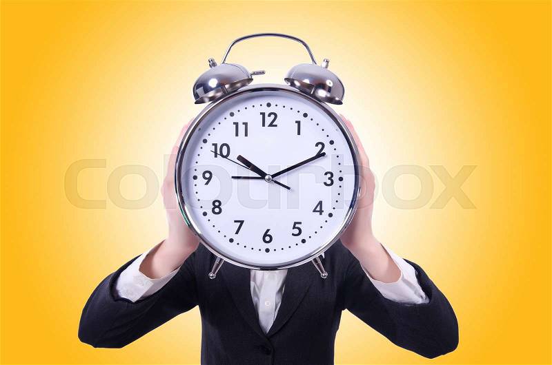 Funny woman with clock on white, stock photo