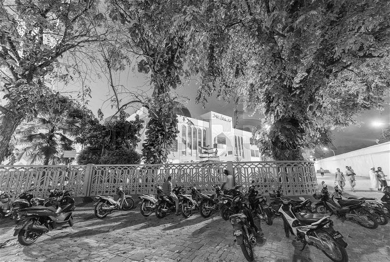 MALE\', MALDIVES - MARCH 7, 2015: Night scene in Male\' City. Male\' is the capital of Maldives and Slightly less than one third of the nation\'s population lives in the capital city, stock photo