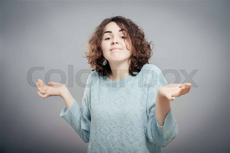 Smiling with open mouth and open palms, stock photo