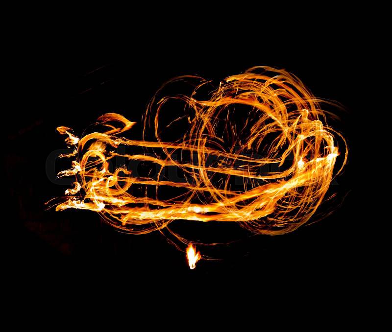 Fire Show Flaming Trails, Amazing Fire Show at night, stock photo