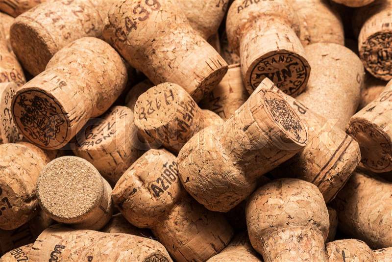 A pile of different champagne corks. Taken in Studio with a 5D mark III, stock photo