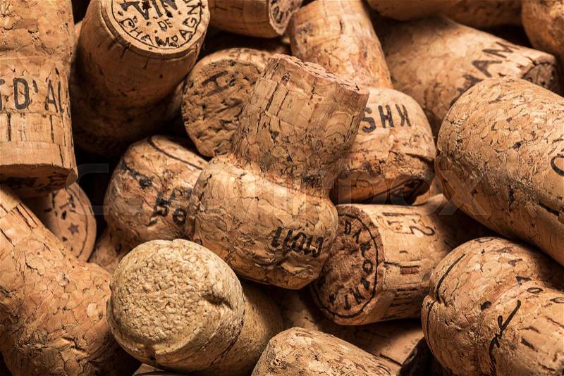 A pile of champagne corks from different bottels. Taken in Studio with a 5D mark III, stock photo