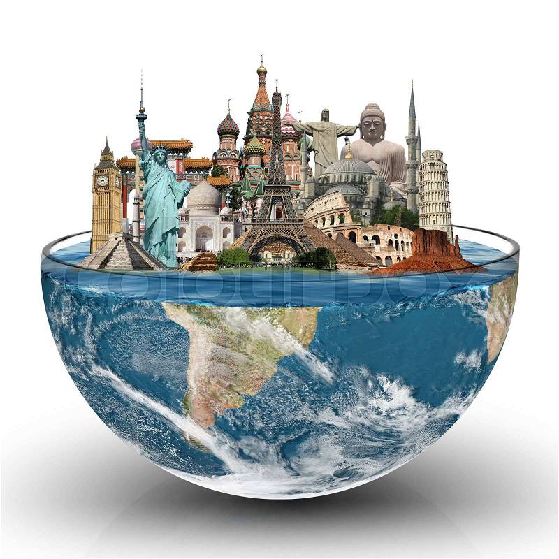 Illustration of famous monuments of the world in a glass of water, stock photo