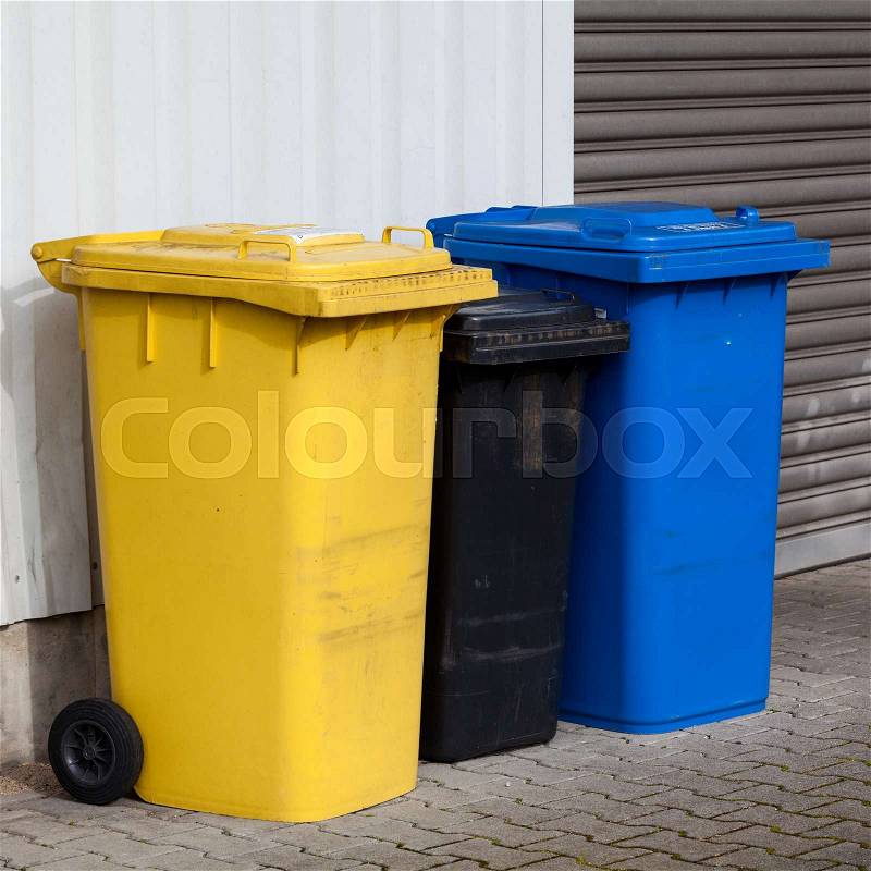 Recycle Bins. Three plastic bins, stock photo