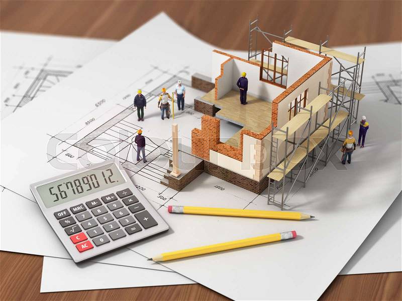 House with open interior on top of blueprints, documents and mortgage calculations and builbers. Construction concept, stock photo
