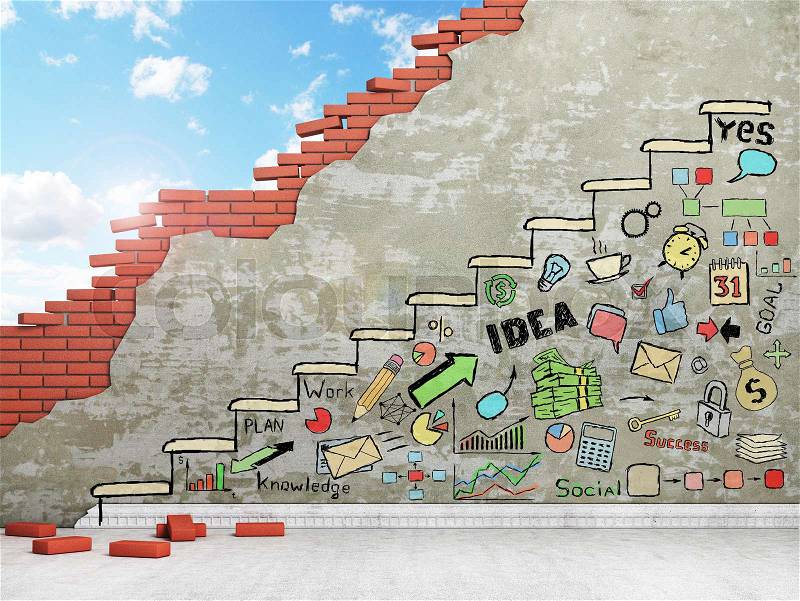 Promotion concept. Painted staircase with draw in the wall. Business draw, stock photo
