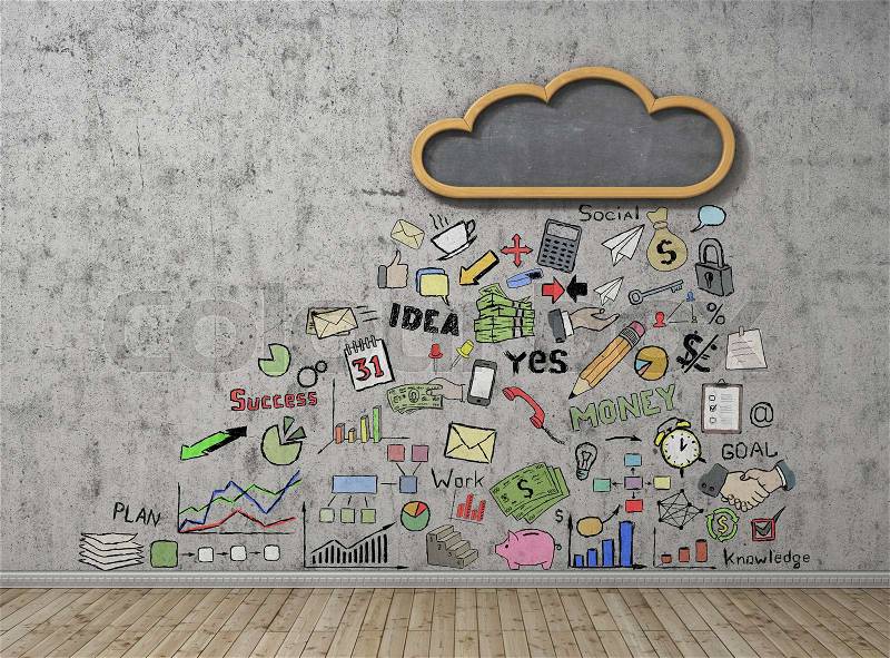 Good weather for businesses. Cloud in the form of a school board on a concrete wall with business figures. Business concept, stock photo