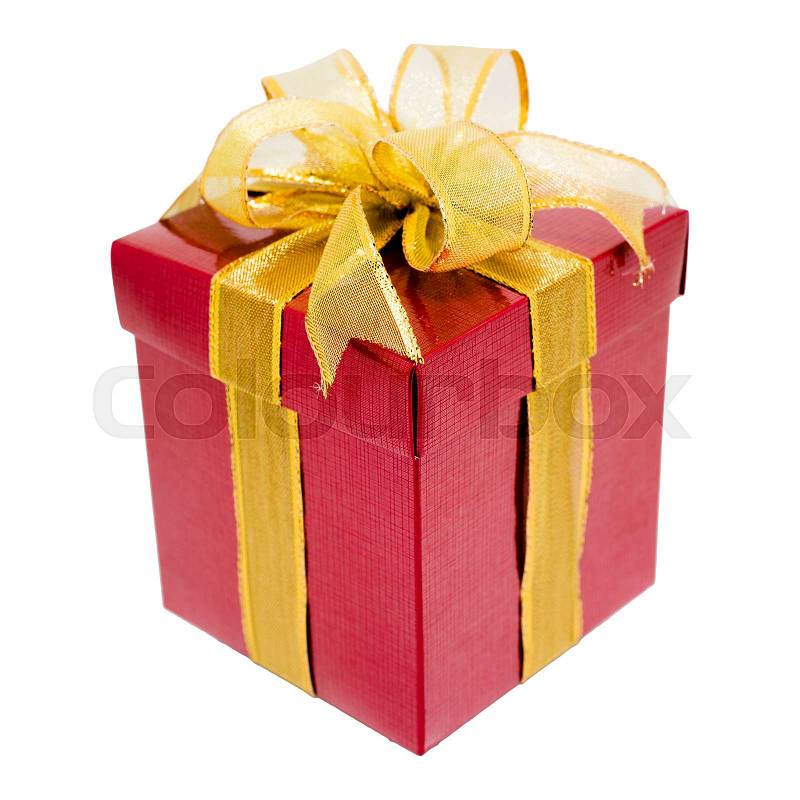 Red gift box with gold ribbon isolated on white, stock photo