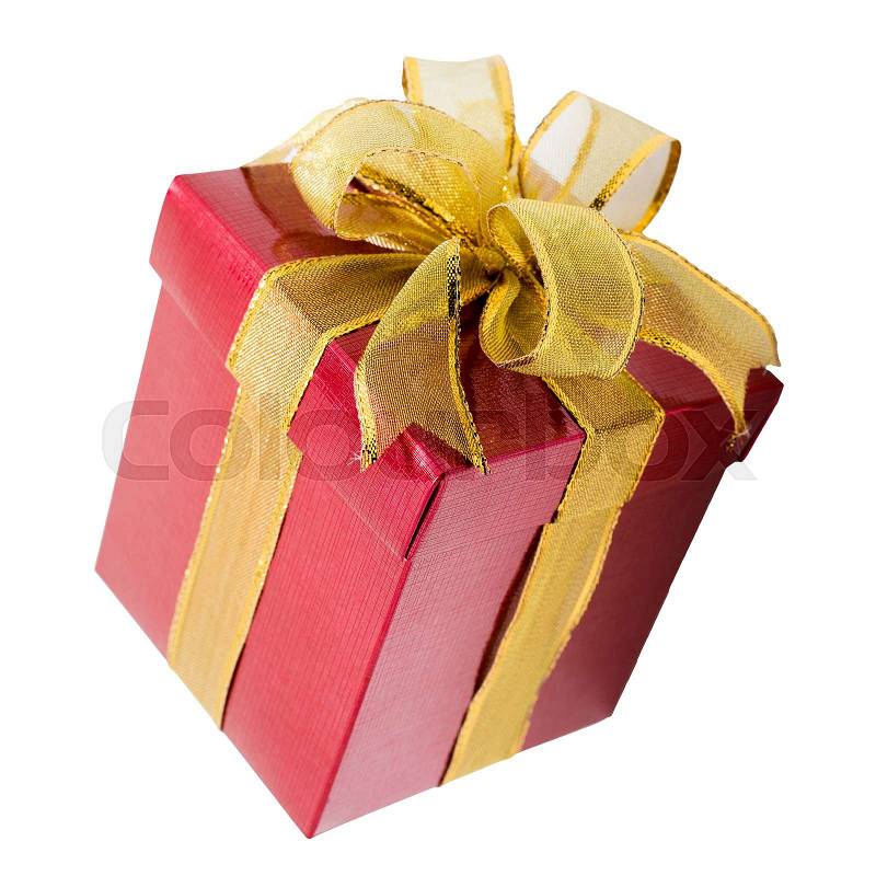 Red gift box with gold ribbon isolated on white, stock photo