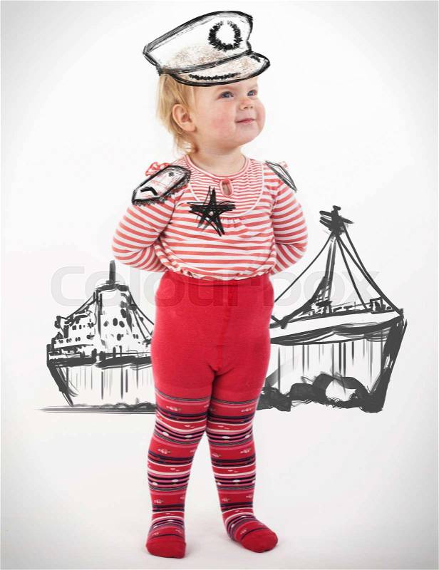 Girl in a striped dress like a sailor, stock photo