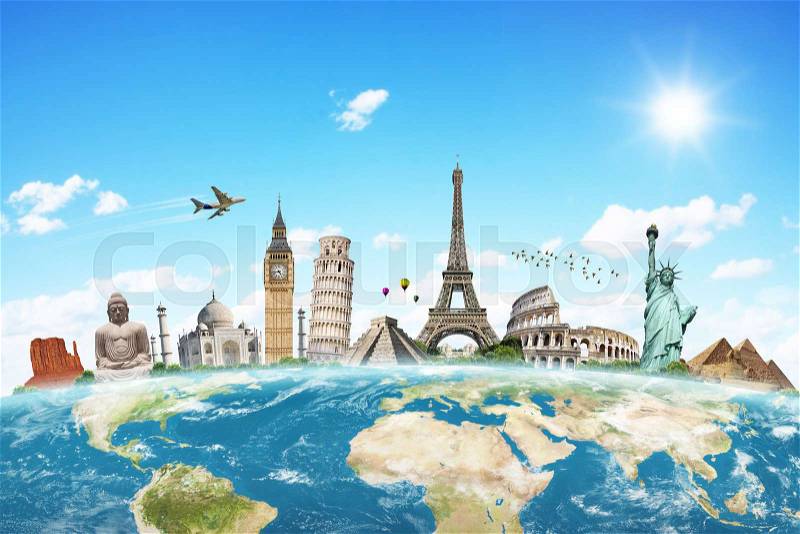 Famous monuments of the world grouped together on the planet Earth, stock photo