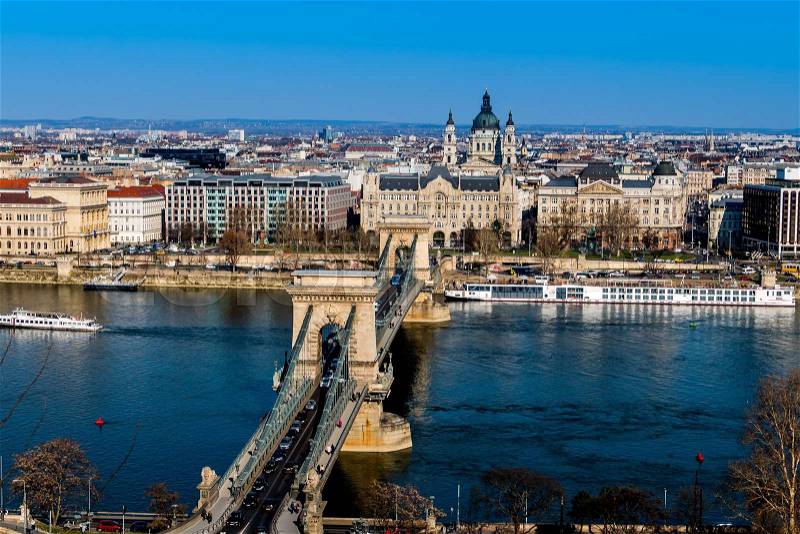 Hungary, budapest. chain bridge and danube. the chain bridge is a landmark in the hungarian capital, stock photo
