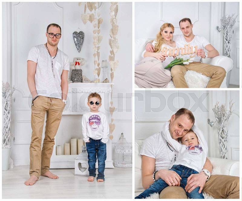 Set of photos. Happy family in white living room with a fireplace. Man and woman holding wooden word family together, stock photo