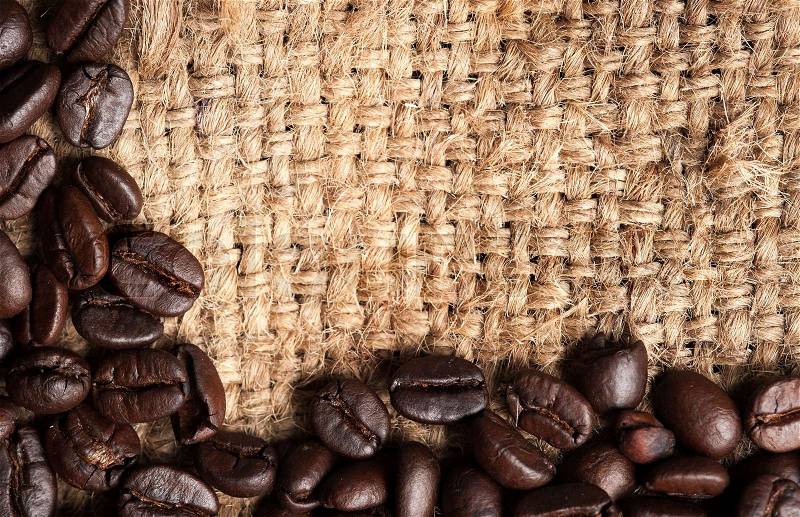 Coffee beans on canvas,Selective focus coffee beans, stock photo