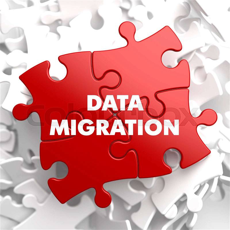 Data Migration on Red Puzzle on White Background, stock photo