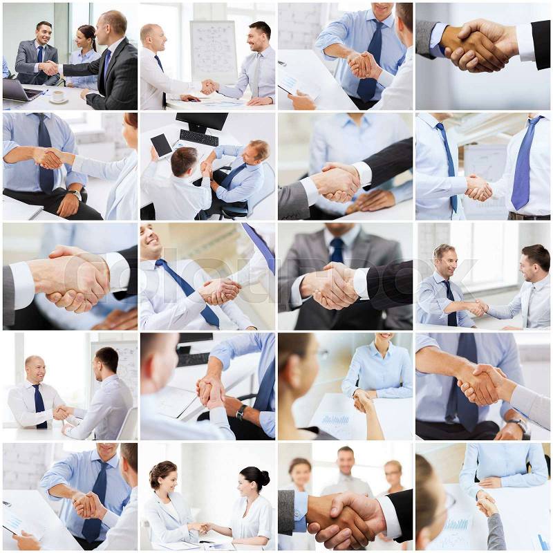 Business deal and office concept - collage with many different people shaking hands in office, stock photo