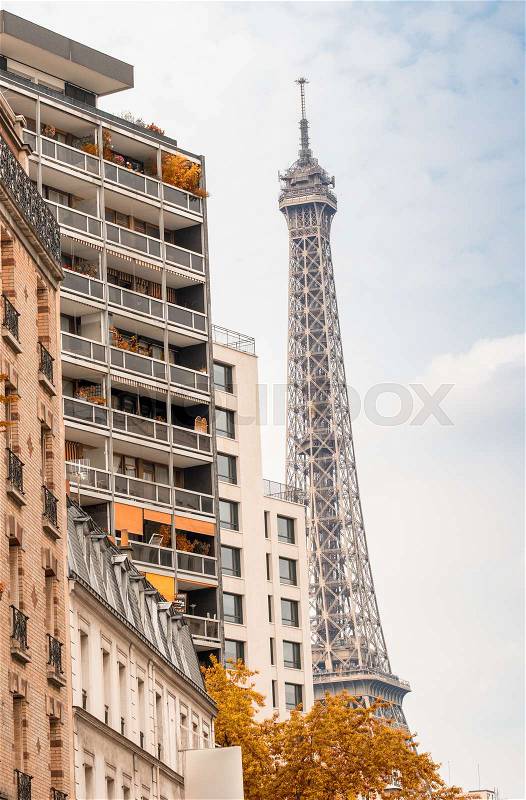 La Tour Eiffel, Paris. Landmark surrounded by trees and buildings in summer, stock photo
