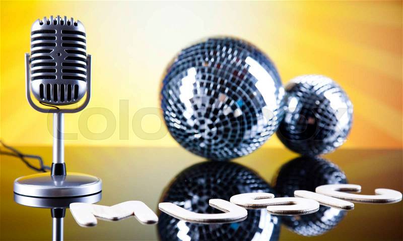 Disco Ball, Microphone, music saturated concept, stock photo