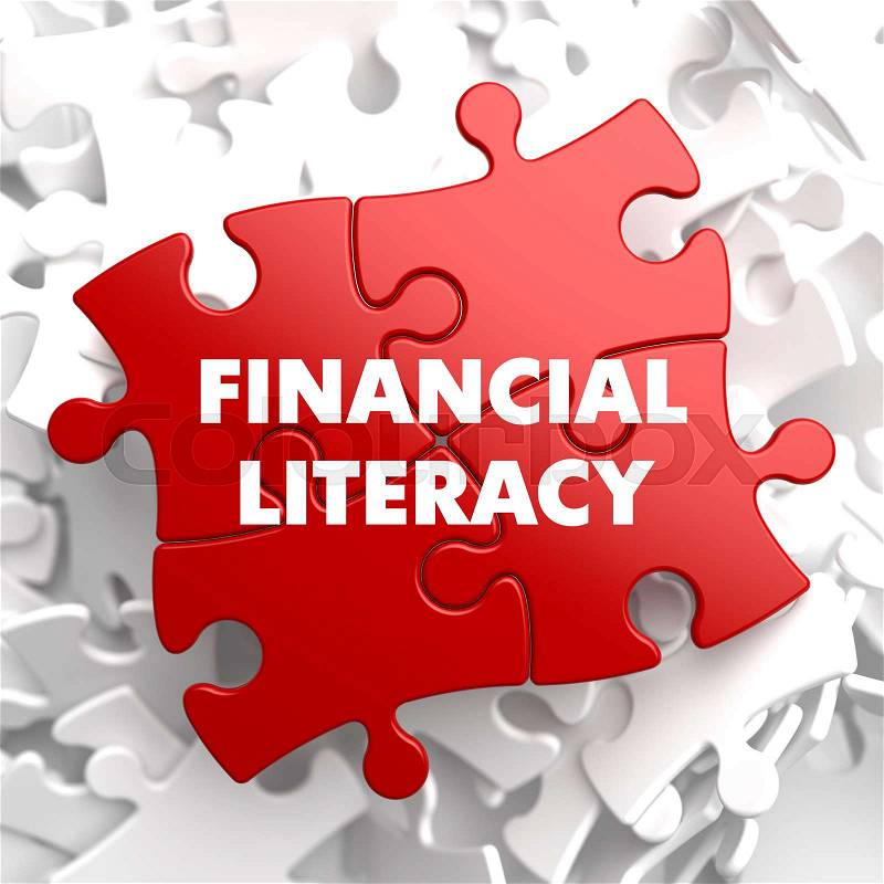 Financial Literacy on Red Puzzle on White Background, stock photo