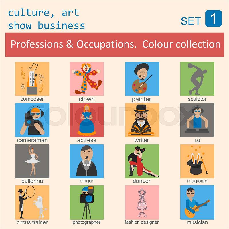 Professions and occupations outline icon set. Culture, art, show business. Coloured version. Vector illustration, vector