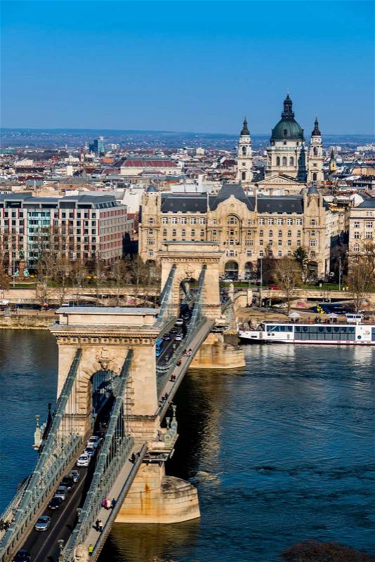 Hungary, budapest. chain bridge and danube. the chain bridge is a landmark in the hungarian capital, stock photo