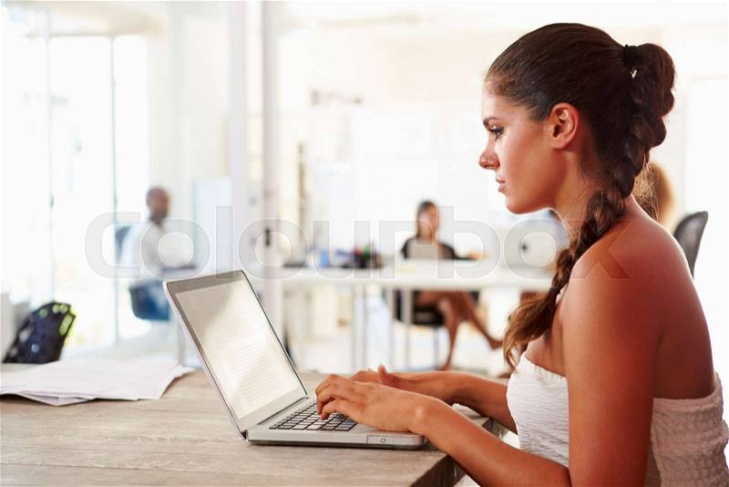 Woman Using Laptop In Modern Office Of Start Up Business, stock photo