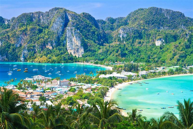 View tropical island with resorts - Phi-Phi island, Krabi Province, Thailand, stock photo