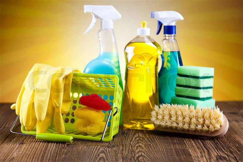 Cleaning products and sunshine, home work colorful theme, stock photo