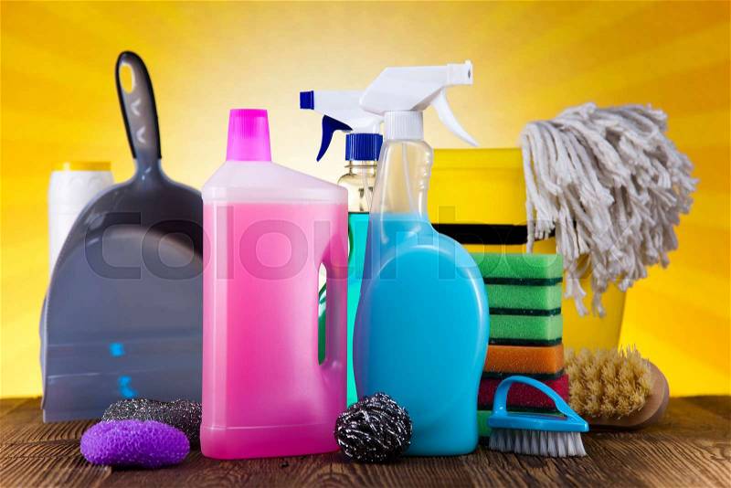 Cleaning Equipment and sun, home work colorful theme, stock photo