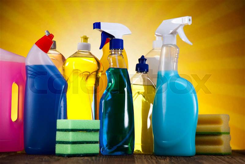Cleaning Equipment and sun, home work colorful theme, stock photo