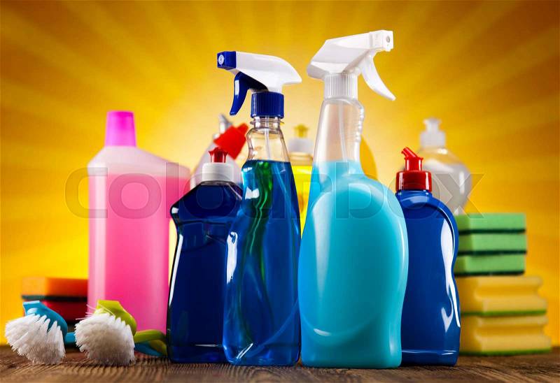 Cleaning products, home work colorful theme, stock photo