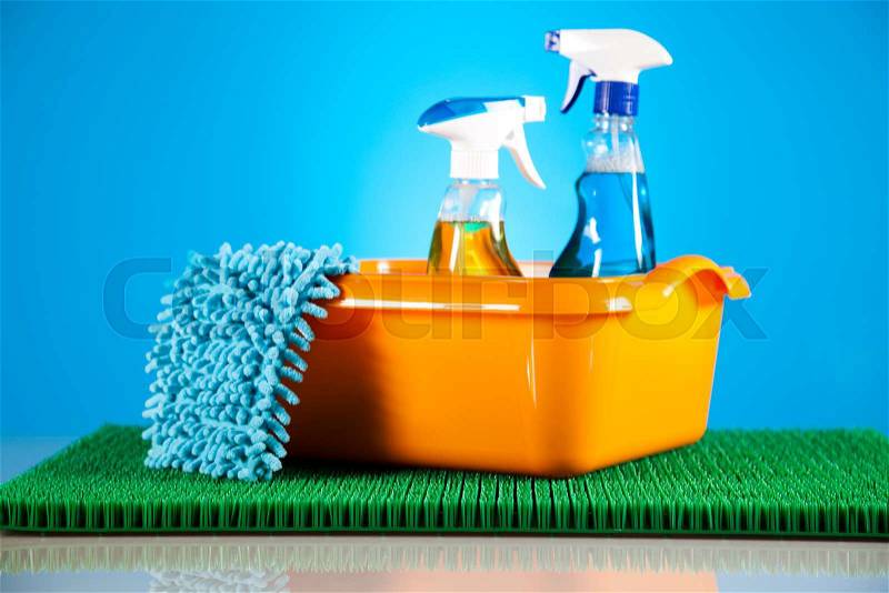 Set of cleaning products, home work colorful theme, stock photo