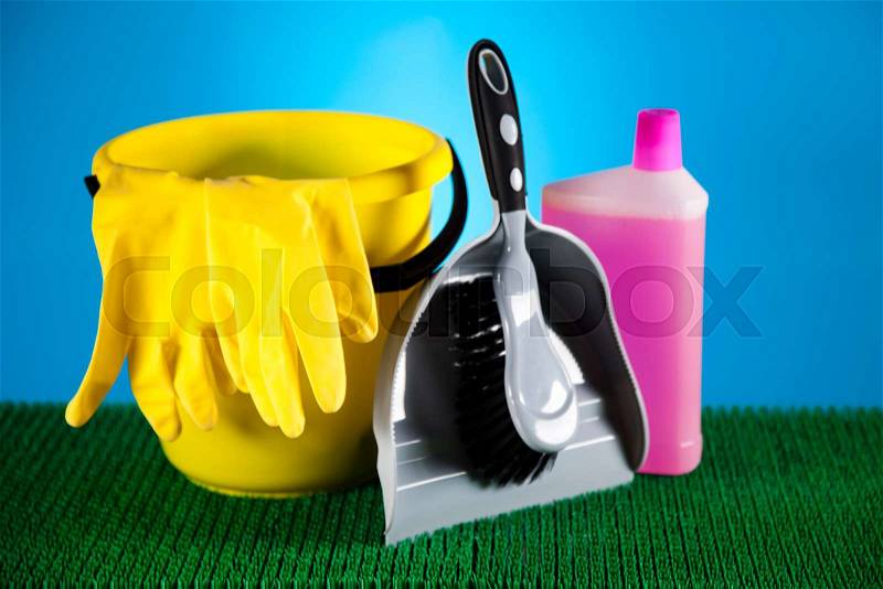 Set of cleaning products, home work colorful theme, stock photo