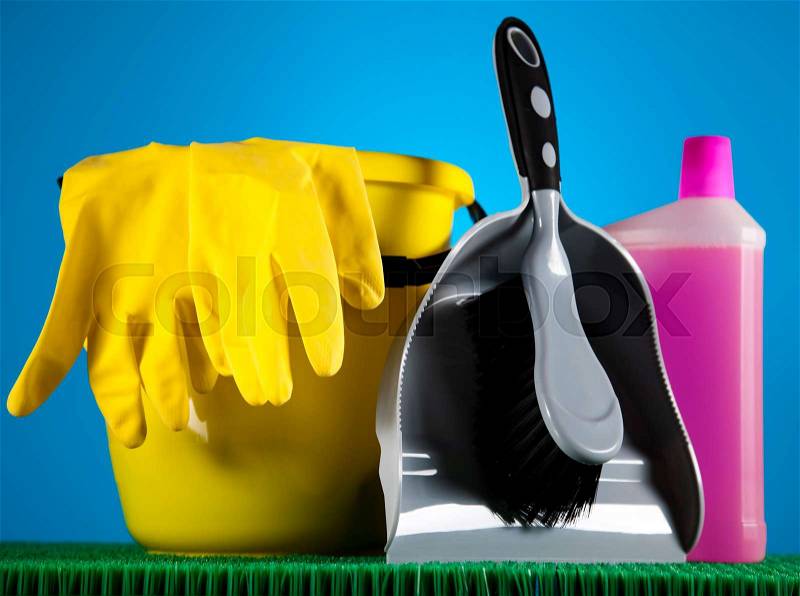 Cleaning supplies, home work colorful theme, stock photo