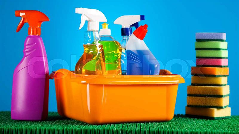 Assorted cleaning products, home work colorful theme, stock photo