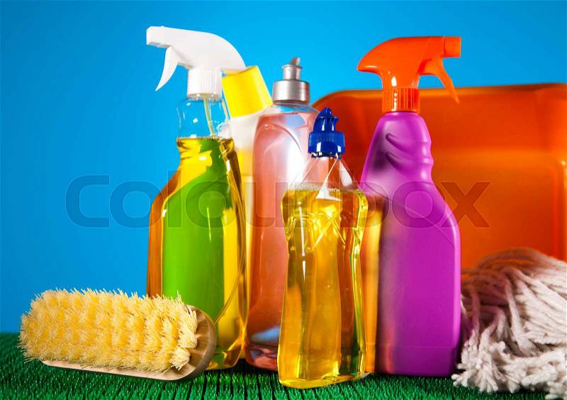 Assorted cleaning products, home work colorful theme, stock photo