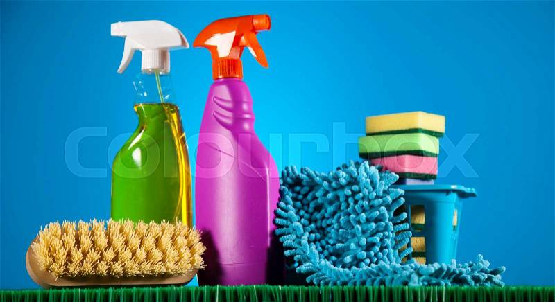Variety of cleaning products, home work colorful theme, stock photo