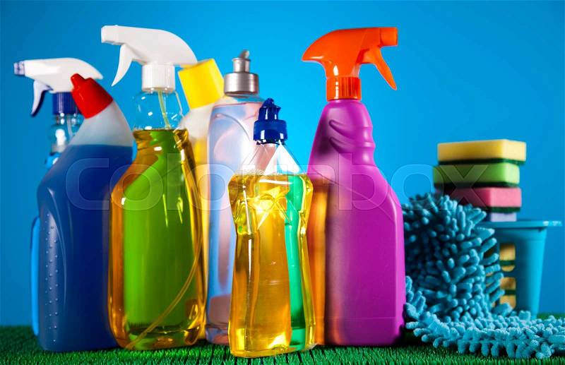 Variety of cleaning products, home work colorful theme, stock photo