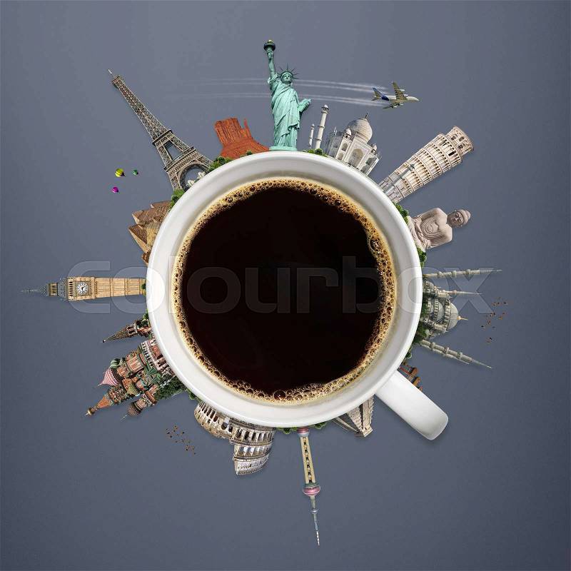 Famous monuments of the world surrounding a cup of coffee, stock photo