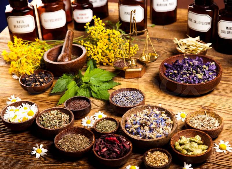 Alternative medicine, dried herbs, stock photo
