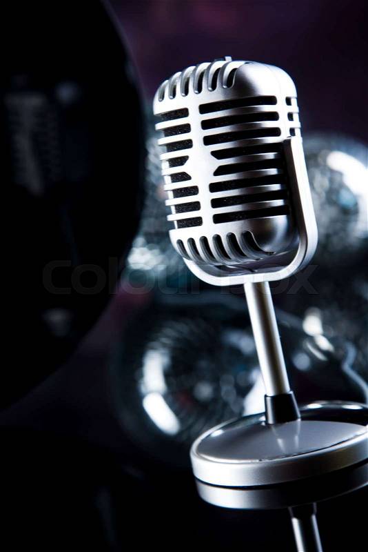 Retro style microphone, Music background, music saturated concept, stock photo
