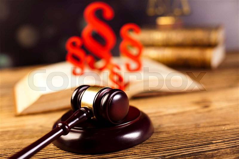 Paragraph, law and justice concept, wooden gavel, stock photo
