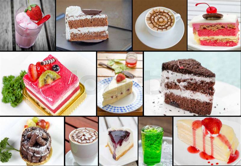 Many cake with many beverages in set, stock photo