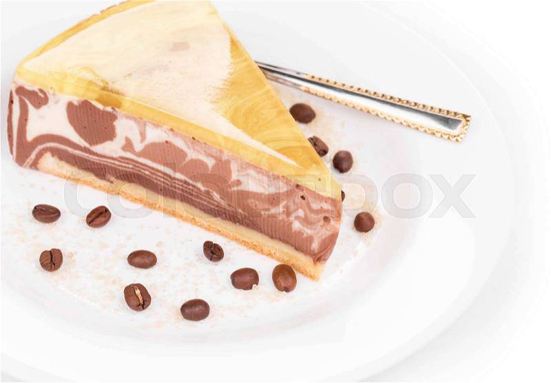 Piece of chocolate cheesecake on a white background , stock photo