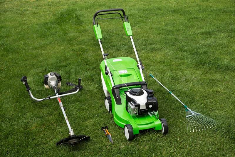 Green lawnmower, weed trimmer, rake and secateurs on the lawn, stock photo