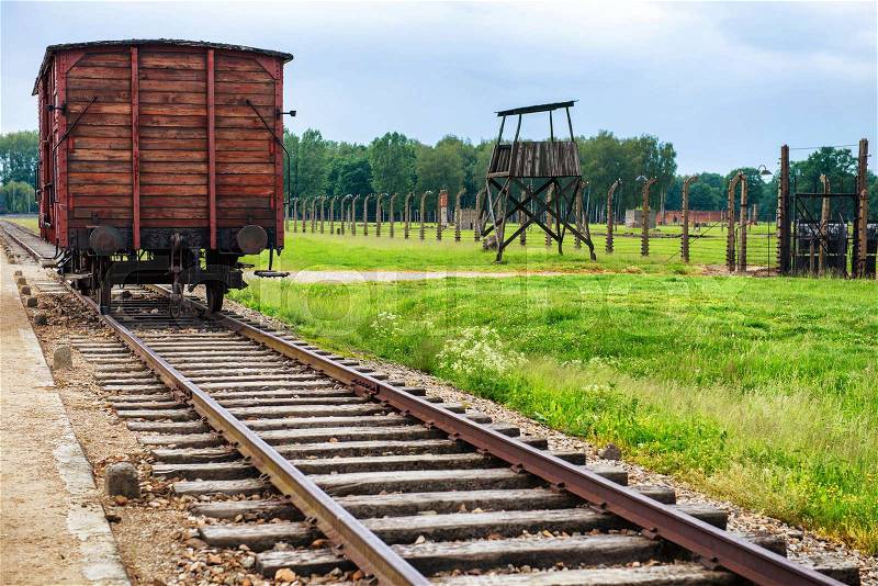 Holocaust Death Camp cattle car train from Nazi Germany concentration camp Auschwitz-Birkenau , stock photo
