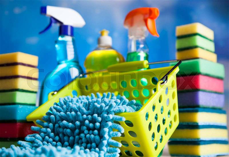 Group of assorted cleaning, home work colorful theme, stock photo