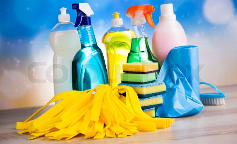 Cleaning products, home work colorful theme, stock photo